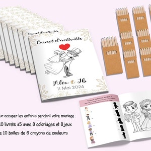 Lot de 10 cahiers d‘activités jeux et coloriage pour enfants thème mariage + 10 boites de crayons de couleurs, Cahiers coloriage mariage