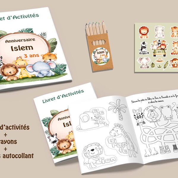 Livret activités jeux coloriages thème des animaux de la savane pour enfants  anniversaire, baptême, mariage avec crayons et autocollants