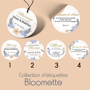 20er-Pack personalisierte runde perforierte Etiketten oder Aufkleber für Hochzeit, Geburtstag, Taufe – Bloomette-Kollektion – 4 Modelle