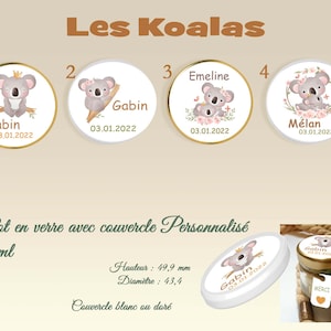 Personalized glass jars for baptism or birthday, glass jar for honey, candle, sugared almonds... Koalas theme