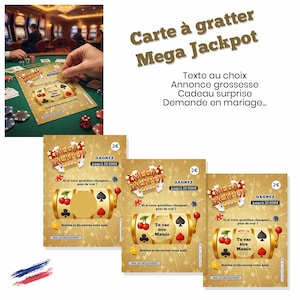 Può includere: Biglietti della lotteria gratta e vinci con tema Mega Jackpot. I biglietti presentano un design a slot machine con ciliegie, picche e un simbolo del jackpot. Il testo include frasi come "Vinci fino a 20.000 €" e "Sarai nonna".