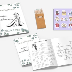 kit carnet d'activités livret de coloriage et jeux enfants pour mariage avec crayons et stickers