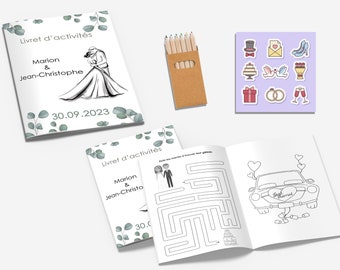 kit carnet d'activités livret de coloriage et jeux enfants pour mariage avec crayons et stickers