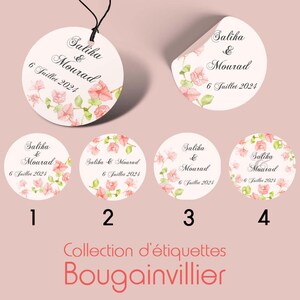 Lot de 20 Étiquettes Perforées ou Stickers de Mariage, Anniversaire, Baptême Rondes Personnalisées – Collection Bougainvillier – 4 Modèles