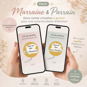 Peut inclure: Deux téléphones affichent des cartes à gratter numériques avec le texte "Marraine & Parrain". Les cartes demandent "Veux-tu être ma Marraine" et "Veux-tu être mon Parrain". L'image comprend le texte "100% DIGITAL" et "ÉMOTION GARANTIE".