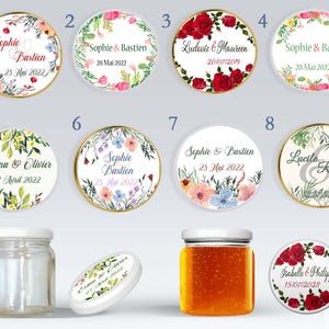 Pots en verre personnalisés – 8 modèles floraux – pot miel ou confiture – mariage, baptême, remerciement