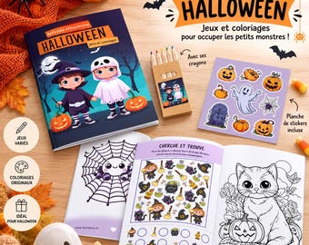 Personlig Halloween-aktivitetsbok - Målarbilder och spel för barn med kritor och klistermärken