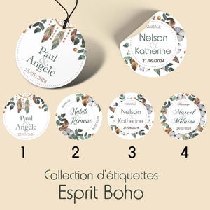 Lot de 20 Étiquettes Perforées ou Stickers de Mariage, Anniversaire, Baptême Rondes Personnalisées – Esprit Boho – 4 Modèles