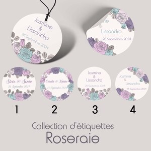 Lot de 20 Étiquettes Perforées ou Stickers de Mariage, Anniversaire, Baptême Rondes Personnalisées – Collection Roseraie – 4 Modèles