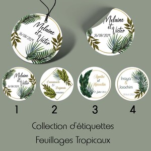 Lot de 20 Étiquettes Perforées ou Stickers de Mariage, Anniversaire, Baptême Rondes Personnalisées – Feuillages Tropicaux – 4 Modèles
