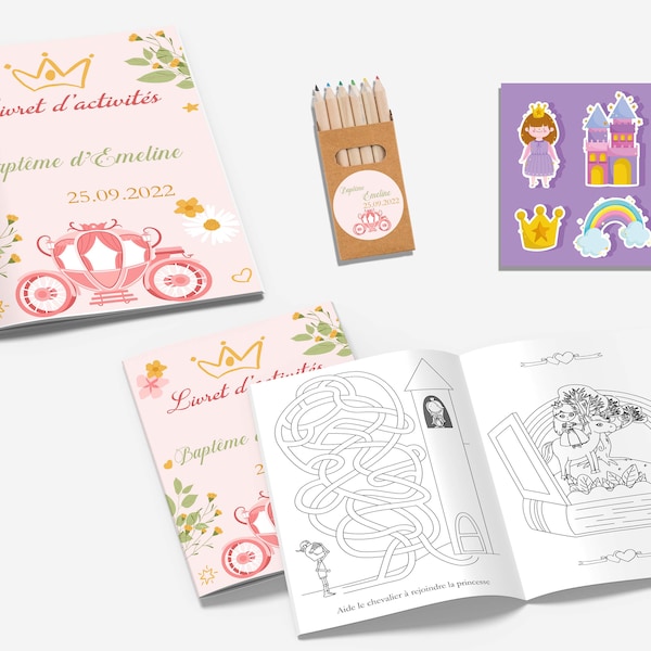 Coloring book and children's activities princess theme with pencils and stickers for wedding, baptism or birthday