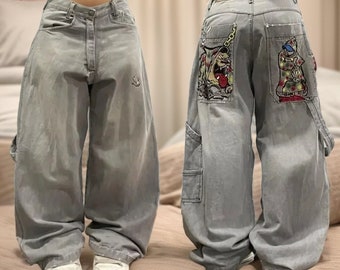 Y2K Retro Pattern Embroidery Loose Mopping Oversized Jeans, Harajuku Hip Hop Wide Leg Jeans, Streetwear Denim Pants, Y2K Jeans - L04