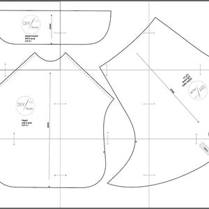 K&ouml;nnte beinhalten: Ein Schnittmuster f&uuml;r ein Kleidungsst&uuml;ck mit einer Fronttasche. Das Schnittmuster enth&auml;lt Anweisungen zum Zuschneiden und N&auml;hen des Kleidungsst&uuml;cks. Das Schnittmuster ist mit "DIY Tailor" beschriftet und enth&auml;lt den Text "Front Pocket Size 6-24M Cut 1"
