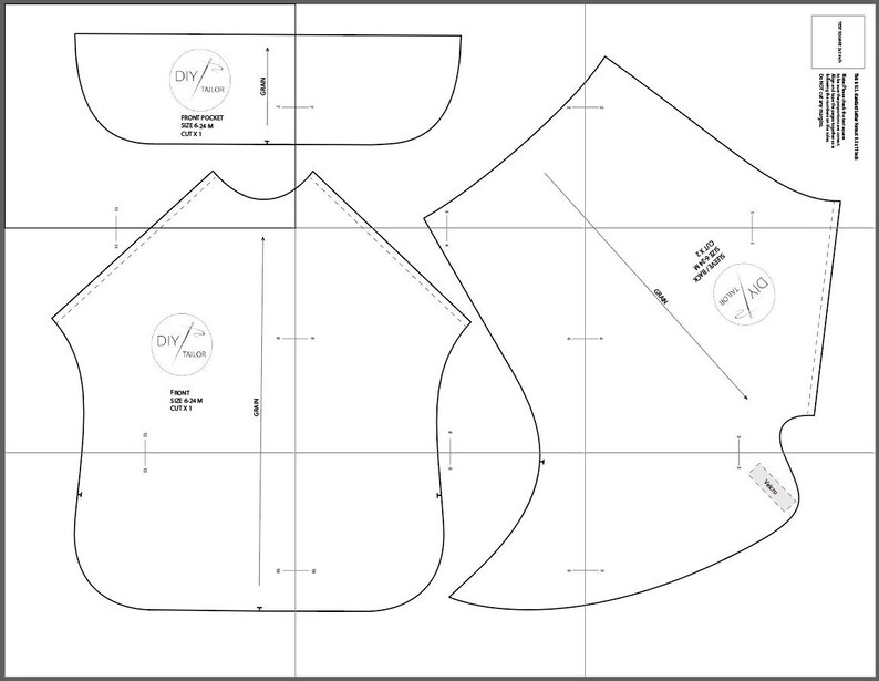 K&ouml;nnte beinhalten: Ein Schnittmuster f&uuml;r ein Kleidungsst&uuml;ck mit einer Fronttasche. Das Schnittmuster enth&auml;lt Anweisungen zum Zuschneiden und N&auml;hen des Kleidungsst&uuml;cks. Das Schnittmuster ist mit "DIY Tailor" beschriftet und enth&auml;lt den Text "Front Pocket Size 6-24M Cut 1"