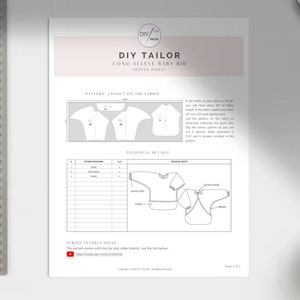 K&ouml;nnte beinhalten: Ein druckbares Schnittmuster f&uuml;r eine lang&auml;rmelige Baby-L&auml;tzchen. Das Schnittmuster enth&auml;lt Anweisungen und technische Details. Das Schnittmuster tr&auml;gt den Titel "DIY Tailor Long Sleeve Baby Bib (Style PO01)".