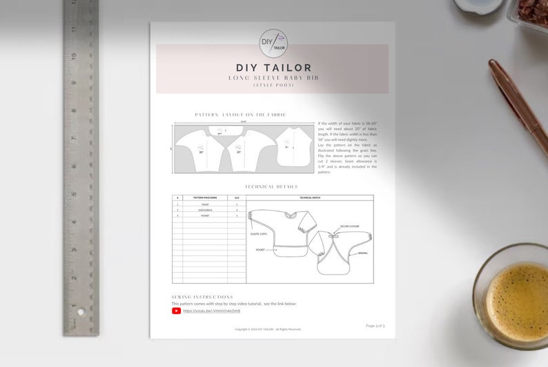 K&ouml;nnte beinhalten: Ein druckbares Schnittmuster f&uuml;r eine lang&auml;rmelige Baby-L&auml;tzchen. Das Schnittmuster enth&auml;lt Anweisungen und technische Details. Das Schnittmuster tr&auml;gt den Titel "DIY Tailor Long Sleeve Baby Bib (Style PO01)".