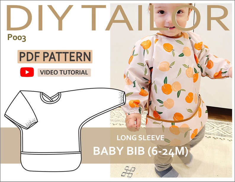 K&ouml;nnte beinhalten: DIY TAILOR P003 PDF PATTERN VIDEO TUTORIAL Langarm-Baby-L&auml;tzchen (6-24 Monate) Eine wei&szlig;e Umrandung eines lang&auml;rmeligen Baby-L&auml;tzchens mit einer Tasche unten. Ein Baby tr&auml;gt ein pfirsichfarbenes L&auml;tzchen mit einem Pfirsich- und Gr&uuml;nabdruck und braunem Besatz.