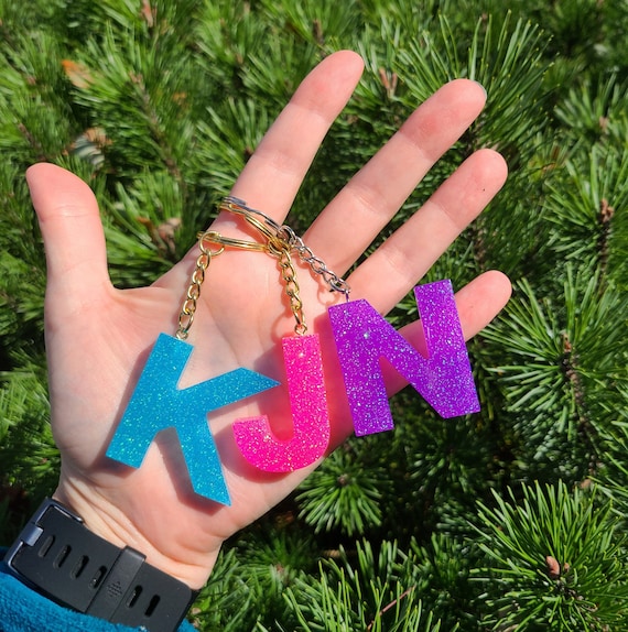 Handmade Glitter Resin Initial Keychain ~Glow In The Dark ~Choose Letter  ~Purple
