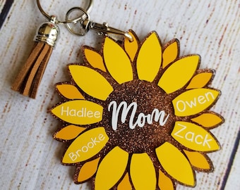 SUNFLOWER KEYCHAIN | Mom Keychain | Kids Names Keychain | Grandma Keychain | Grandchildren | Personalized Keychain | Gift For Mom