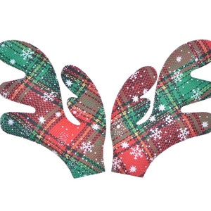 May include: Red and green plaid reindeer antlers with white snowflakes. The antlers are made of fabric and are perfect for a festive holiday look.