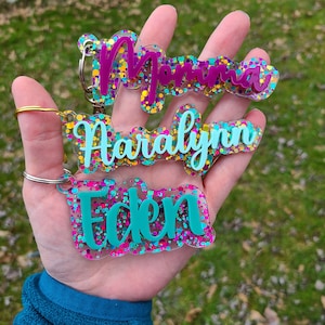 Glitter Name Keychain | Acrylic Tag | Personalized Name Clip | Backpack Keychain | Diaper Bag Tag | 3D Name Tag | Glitter Acrylic Keychain