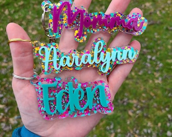 Glitter Name Keychain | Acrylic Tag | Personalized Name Clip | Backpack Keychain | Diaper Bag Tag | 3D Name Tag | Glitter Acrylic Keychain