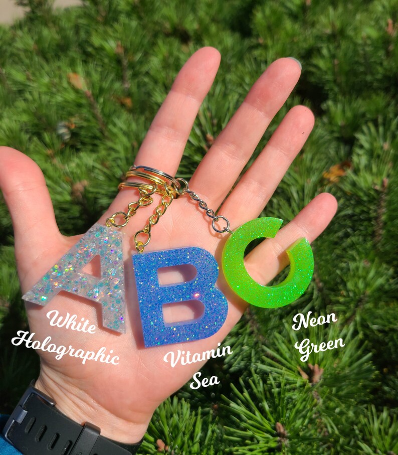 NEON GLITTER INITIAL Keychain Letter Keychain Resin Etsy