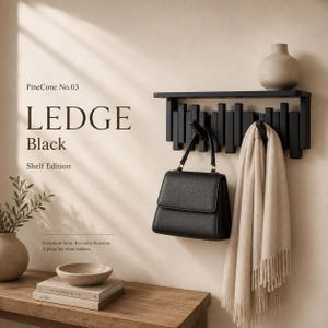 May include: A black wall-mounted shelf featuring a series of vertical slats and integrated hooks. A black handbag hangs from one hook, and a beige fringed scarf hangs from another. Text on the wall reads PineCone No.03 LEDGE Black Shelf Edition.