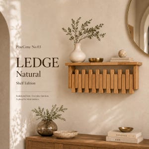 May include: A wall-mounted wooden shelf featuring a decorative front panel of vertical slats. The shelf holds a white vase with greenery, a small gold bowl, and a sphere. Text on the image reads PineCone No.03 LEDGE Natural Shelf Edition.