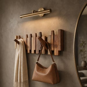 May include: A wall-mounted coat rack constructed from vertical wooden slats of varying heights and tones, featuring two angled pegs. A beige scarf hangs from the left peg, and a brown leather handbag hangs from the right peg beneath a brass light.