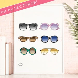 Sunglasses fashion illustration Vogue eyeglasses Stylish trendy summer fashion Fashion boutique wall deco &quot;SICK SHADES COLLECTION art print&quot;