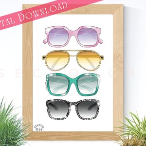 Chic sunglasses collection Designer modern shades Summer essentials Beach vacation Fashion illustration artwork &quot;FASHION SUNGLASSES SHADES&quot;
