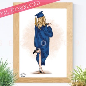 Ilustración de moda de chica graduada Toga de graduación azul como regalo de ceremonia Licenciatura de niña Maestría con honores Mujer graduada "TOGA DE GRADUACIÓN AZUL"