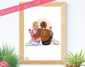 Mother daughter duo Family illustration Mothers day art print Mothers day gift Mom sketch Mother fashion illustration "MOM DAUGHTER COFFEE"