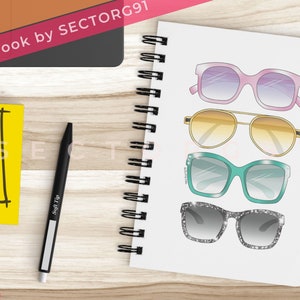 Sunglasses collection Designer shades Summer essentials Beach vacation Fashion illustration artwork &quot;FASHION SUNGLASSES SHADES notebook&quot;
