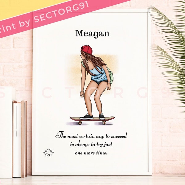 Skater girl Fashion illustration Daughter custom sketch gift Personalized fashion art print Skateboard "SKATEBOARDING TO SCHOOL art print"