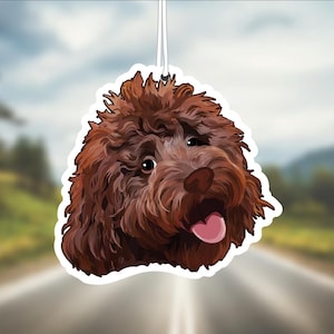 Labradoodle Dog Car Air Freshener, Chocolate, Rear View Mirror Accessory, Cute Hanging Car Decor, Gift for Dog Lover, Car Charm for Her