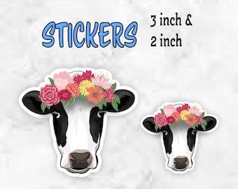 Cow with Flowers Sticker, Waterproof Vinyl Sticker for Cow Lovers, Dairy Cow Sticker