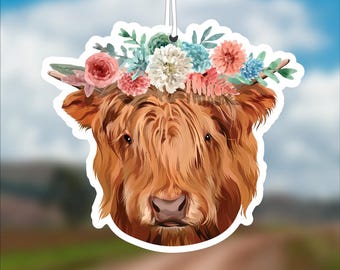 Cow with Flowers Car Air Freshener, Highland Cow Lover Gift
