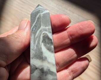 Shell Jasper Tower, hand selected, natural stone, gray and white, crown chakra, for patience, zen, serenity, peace, and feeling alive