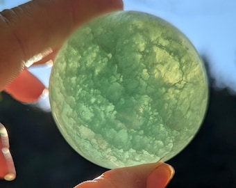 Green Fluorite Sphere, round, thick, hand selected stone, heart, third eye, and root chakras, for clarity, focus, attention, & concentration