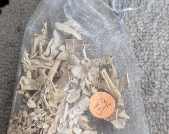 Sage, loose leaf, for clearing and cleansing personal space or crystals, burning, incense, quantity is 1/3 of an ounce