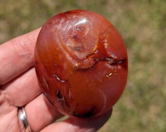 Carnelian palm stone, hand selected, sacral chakra, fire red, with druzy quartz for motivation, getting stuff done; no more procrastinating