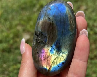Labradorite palm, shiny, medium, hand selected, natural stone, third eye chakra, holiday gift, for change, transformation, and growth