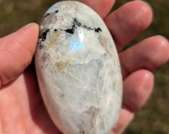 Rainbow Moonstone palm stone, hand selected, multiple blue flash, white and black, natural stone, for strength, power, emotional stability