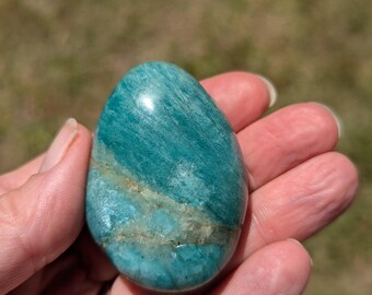 Amazonite Palm stone, teal green, heart chakra, with smoky quartz for letting go of control and having fun!
