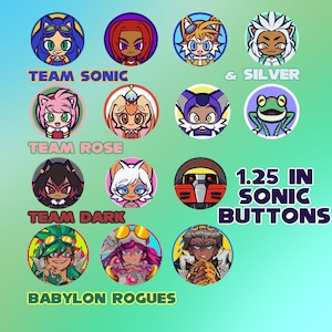 May include: A set of 12 1.25 inch round button pins featuring characters from the Sonic the Hedgehog video game franchise. The buttons are arranged in four rows of three, with each row representing a different team: Team Sonic, Team Rose, Team Dark, and Babylon Rogues. The buttons are colorful and feature a variety of characters, including Sonic, Tails, Knuckles, Amy, Cream, Big, Shadow, Rouge, E-123 Omega, and the Babylon Rogues.