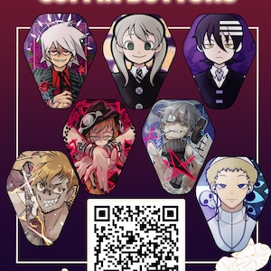 May include: A promotional image for Soul Eater coffin buttons. The image features seven coffin-shaped buttons with anime character illustrations. The buttons are 2" x 1.6" and matte. The text "SOUL EATER COFFIN BUTTONS" is at the top.