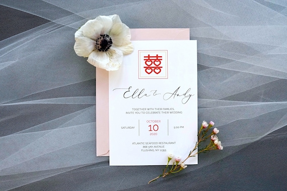 Red Gold Double Happiness Å Modern Chinese Wedding Invite Etsy