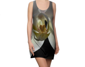 Chemise de nuit blanche style débardeur à imprimé orchidées, cache-maillot de bain, vêtements de nuit sexy, chemise de nuit à imprimé botanique, oeuvre d&#39;art portable à imprimé orchidées pour femme